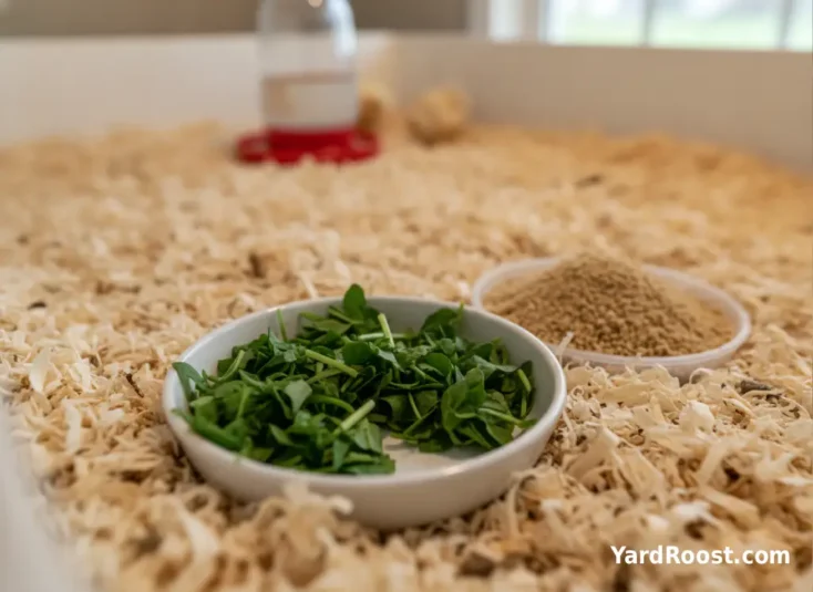 Tiny chopped spinach pieces sit beside chick starter feed in a clean brooder.