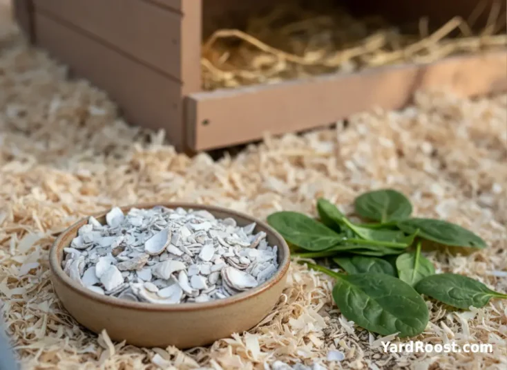 Crushed oyster shell sits beside a few spinach leaves near a clean coop nest box.