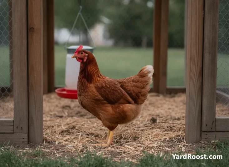 A quiet hen stands apart near the shaded edge of a clean backyard coop run.