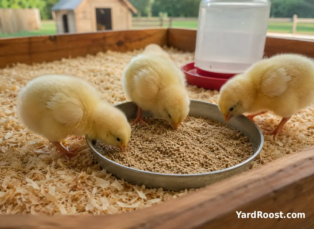 Baby chicks eat starter feed beside a small brooder waterer.