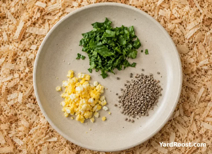Tiny portions of chopped greens, egg, and chick grit sit on a shallow dish.