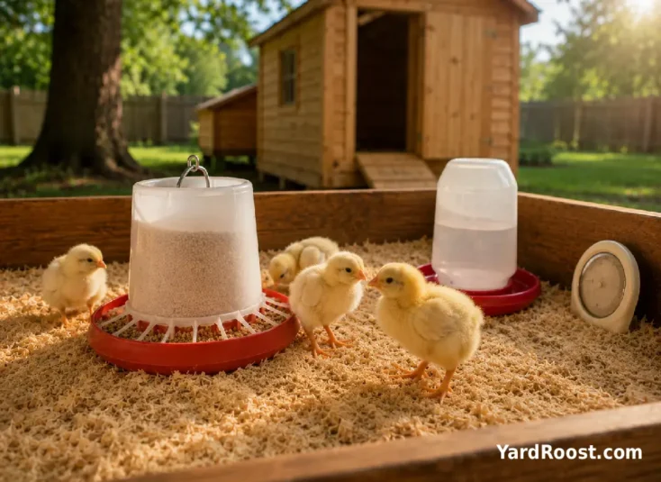 Young chicks stand near a clean feeder and brooder thermometer.