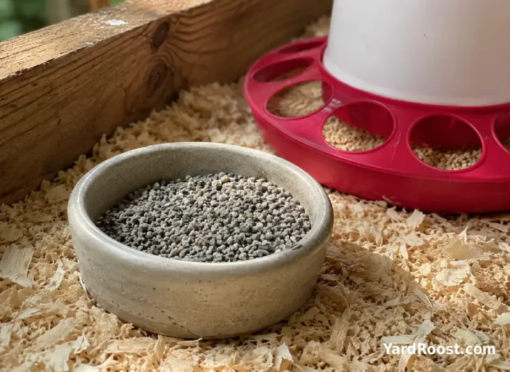 A small bowl of chick grit sits beside a feeder in a clean brooder.