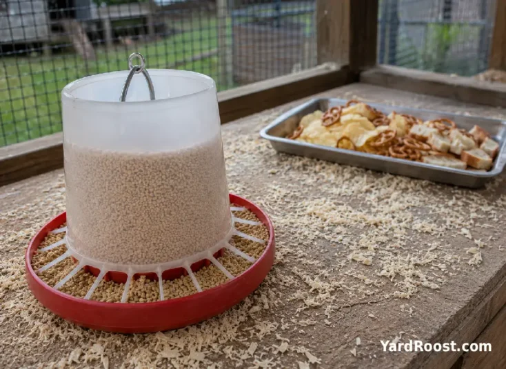 A chick feeder sits apart from unsafe salty and processed snack foods.