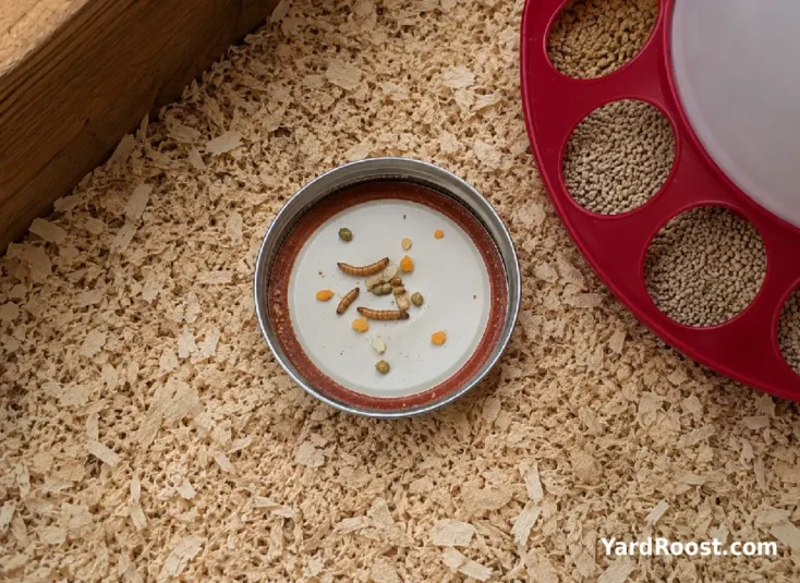 Tiny chick treats sit on a shallow lid over clean brooder bedding.