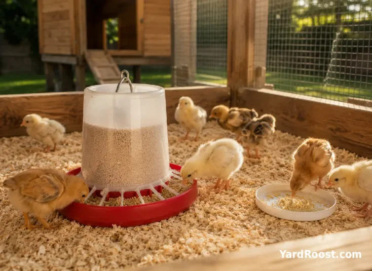 Young chicks peck near a clean feeder and shallow treat lid in a brooder.