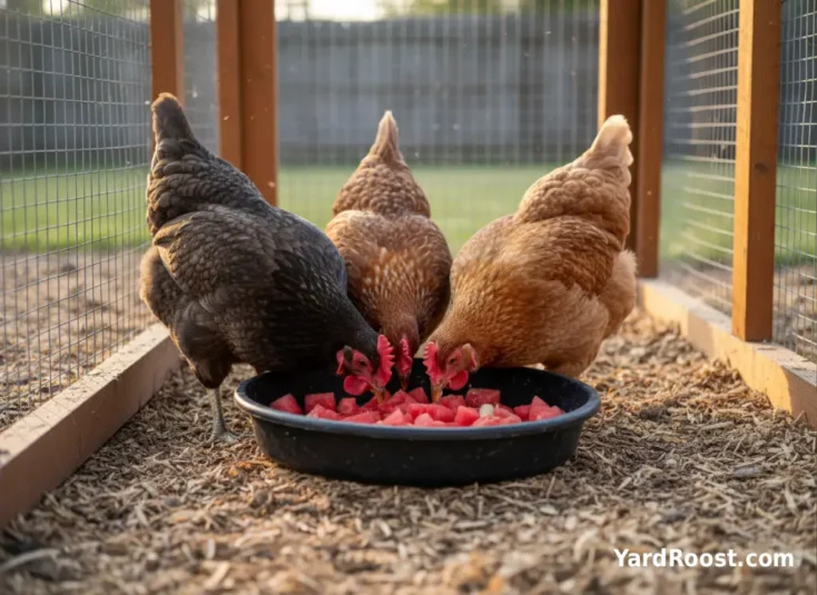 Backyard hens peck small watermelon cubes from a shallow pan in a covered chicken run.