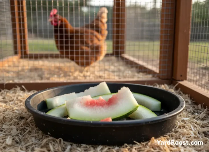 Trimmed watermelon rind scraps with red flesh sit in a shallow treat pan inside a chicken run.