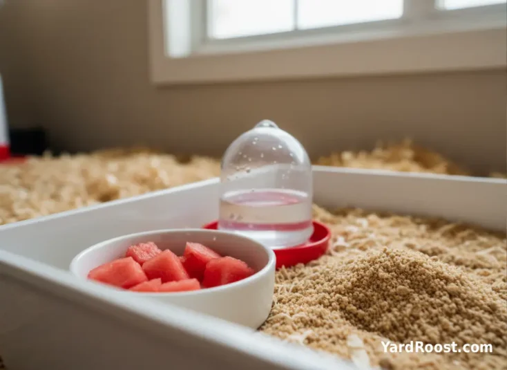 Tiny watermelon pieces sit near chick starter feed and a chick waterer beside a clean brooder.