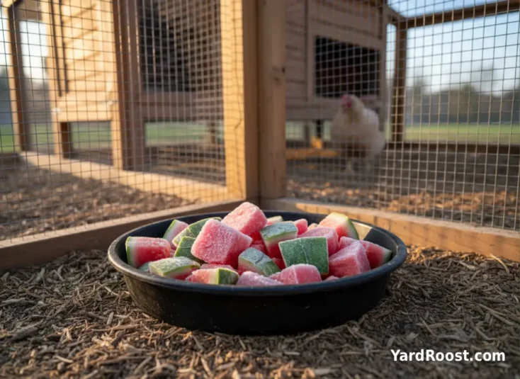 Frozen watermelon cubes sit in a shaded pan inside a covered chicken run.