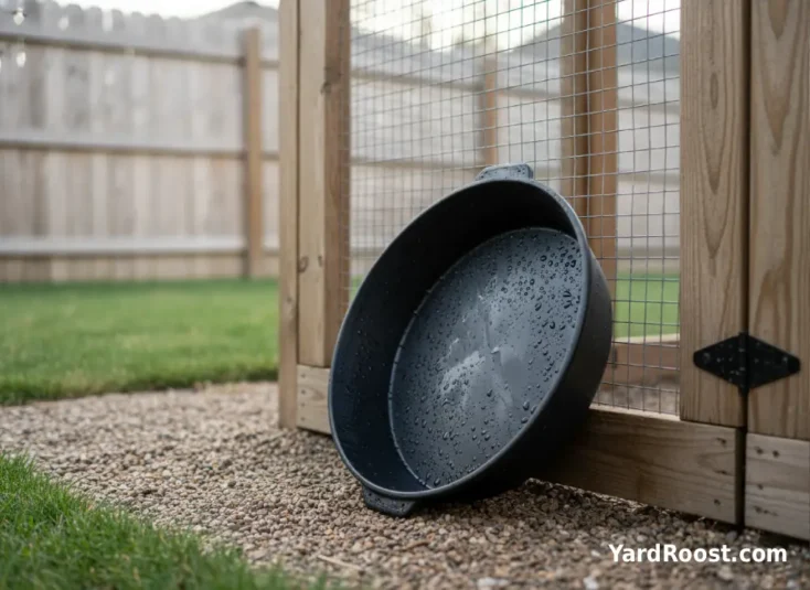 A clean chicken treat pan dries beside a coop gate after watermelon feeding.