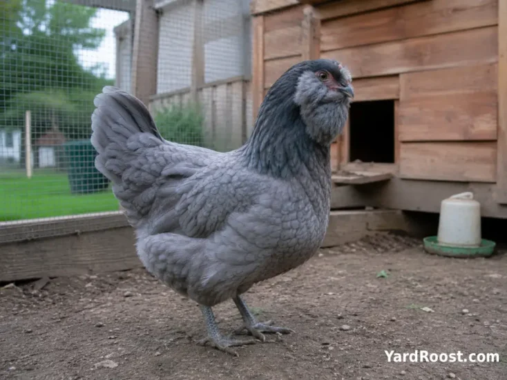 Blue Ameraucana hen showing a pea comb, beard, muffs, slate legs, and tail.