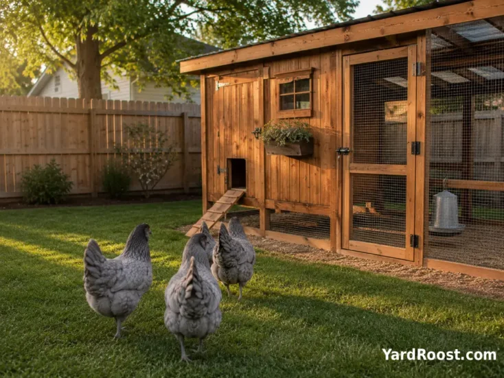 Ameraucana hens walking toward a secure wooden backyard coop and covered run.