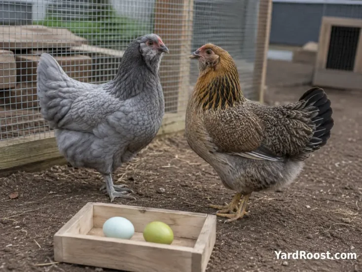 Standard Ameraucana and mixed-color Easter Egger standing near blue and green eggs.