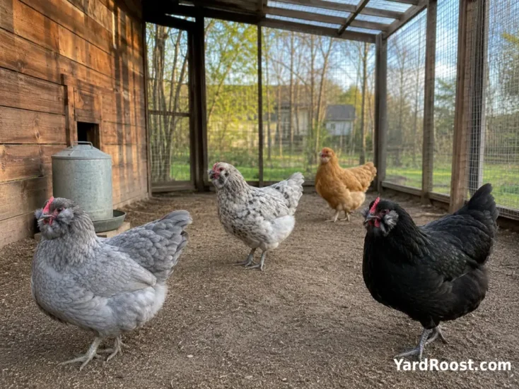 Self-blue, black, splash, and wheaten Ameraucana hens showing different plumage colors.