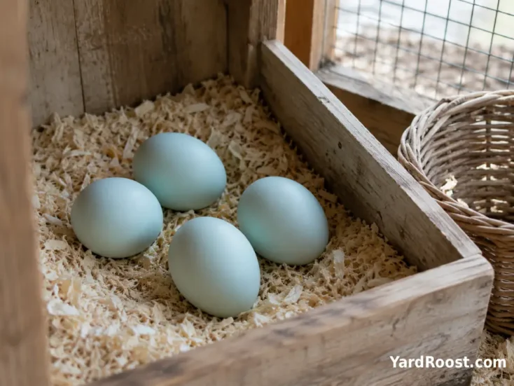 Pastel-blue Ameraucana chicken eggs in a pine-shaving-lined nest box.
