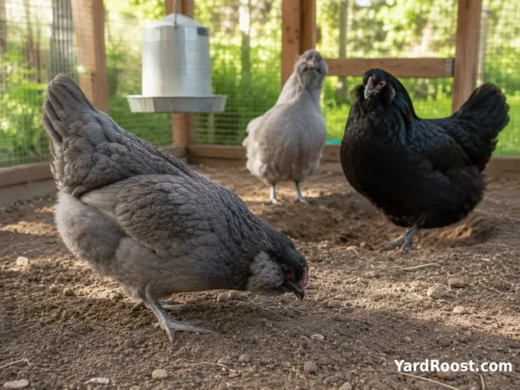 Calm Ameraucana hens foraging together in a covered backyard chicken run.