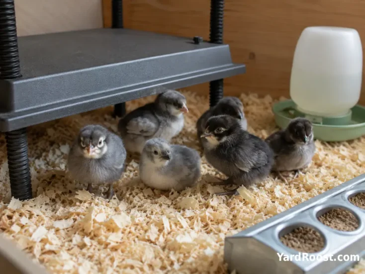 Ameraucana chicks gathered comfortably near a brooder heat plate, feeder, and waterer.