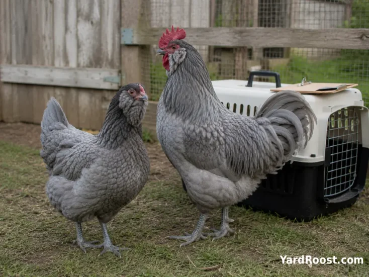Blue Ameraucana breeding pair standing beside a clean poultry transport crate.