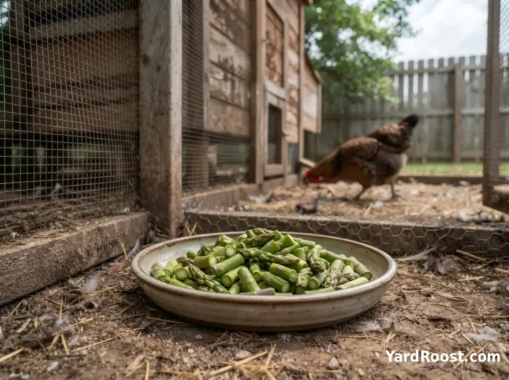 Fresh chopped asparagus sits in a dish beside a backyard chicken run.
