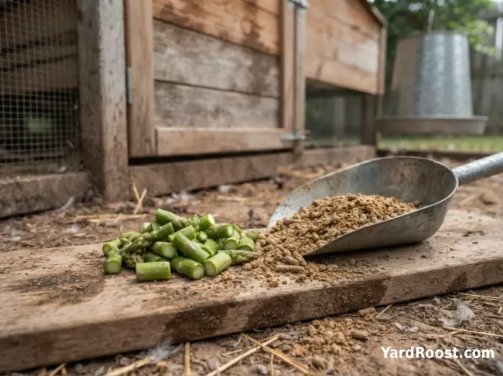 Chopped asparagus is shown as a small treat beside a scoop of layer feed.