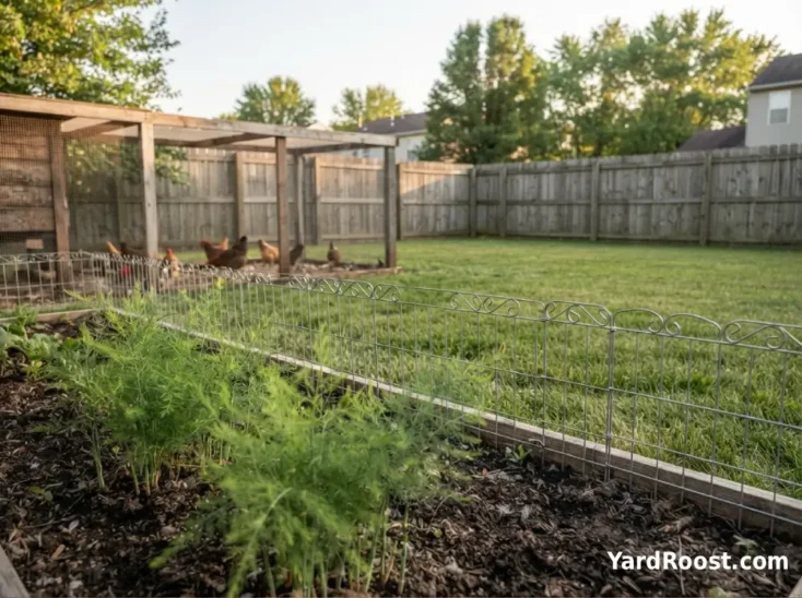 A low fence protects asparagus plants from chickens near a backyard run.