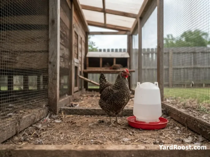 A quiet hen stands near a clean waterer in a backyard chicken run.