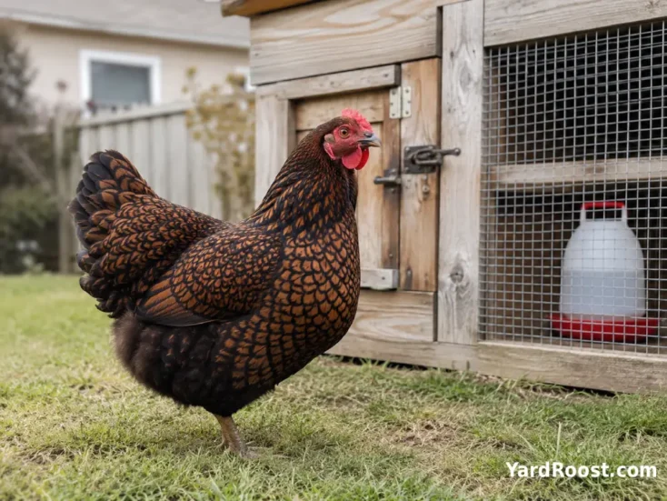 Double-laced Barnevelder hen standing beside a wooden backyard coop.