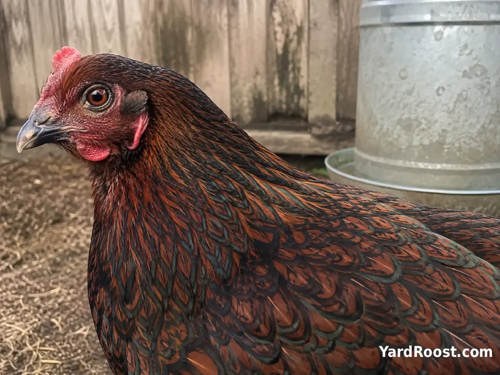 Barnevelder hen showing detailed black double lacing on brown feathers.