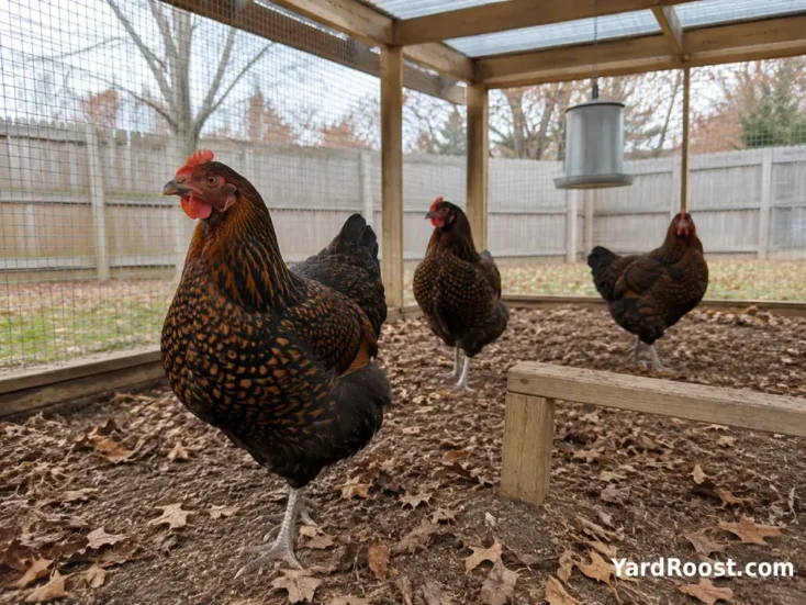 Calm Barnevelder hens foraging together inside a covered backyard run.