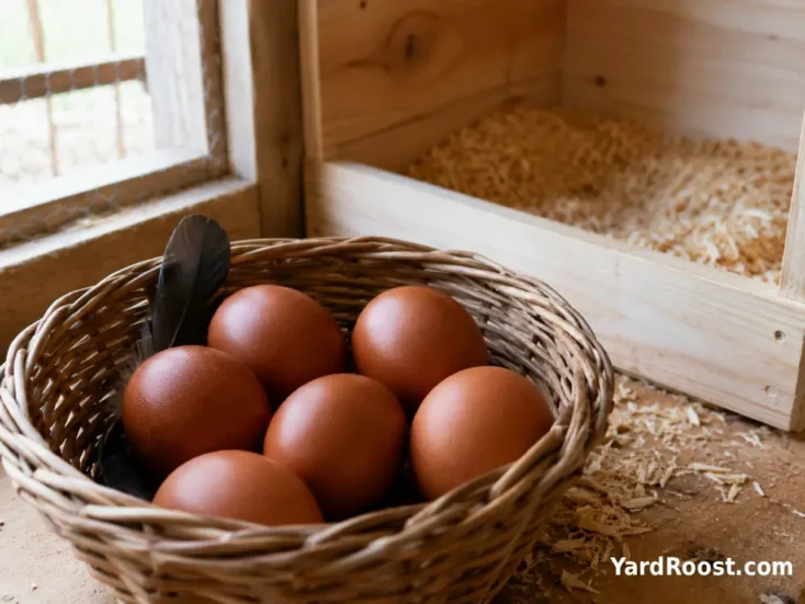 Basket of reddish-brown Barnevelder eggs beside a clean nest box.