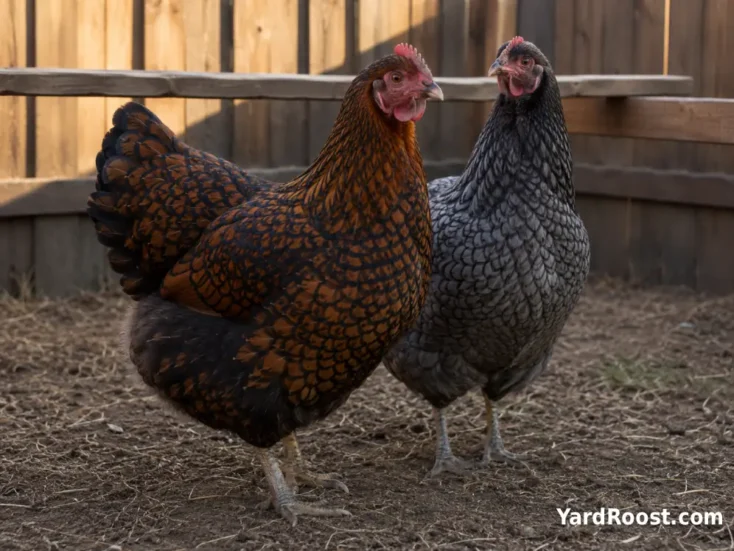 Brown double-laced and blue double-laced Barnevelder hens standing together.
