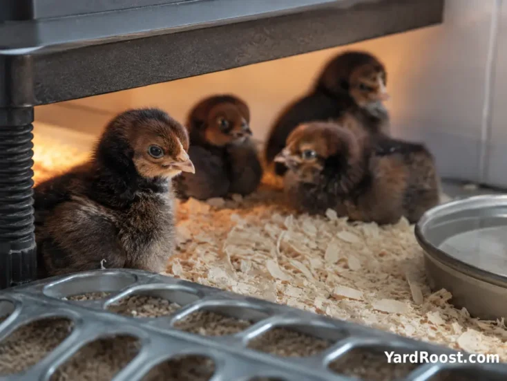 Barnevelder chicks resting under a brooder plate on pine shavings.