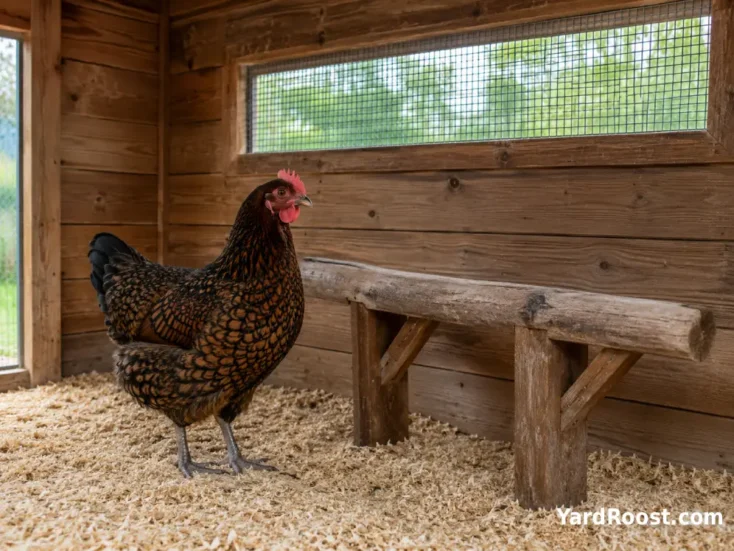 Barnevelder hen inside a ventilated wooden coop with a wide roost.