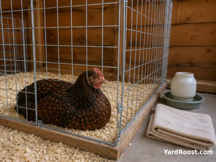 Quiet Barnevelder hen resting alone in a clean observation pen.