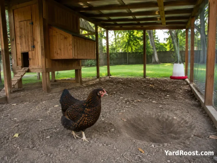 Barnevelder hen exploring a shaded suburban backyard chicken run.