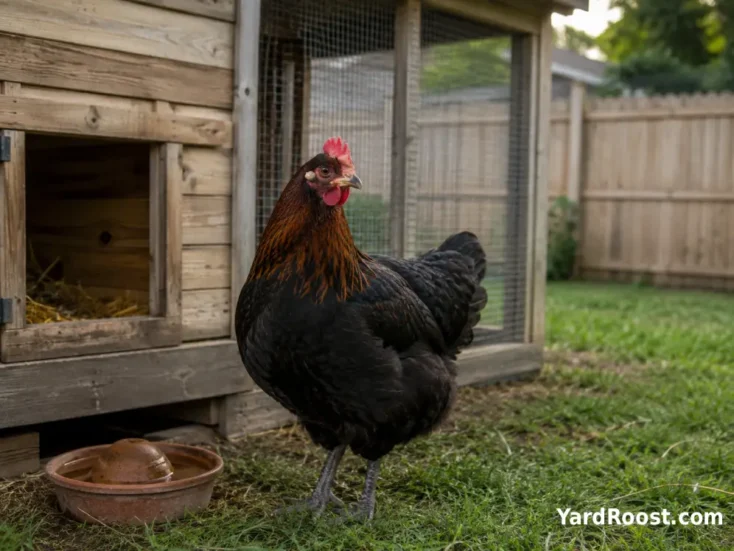 Black Copper Marans hen standing beside a wooden backyard coop.
