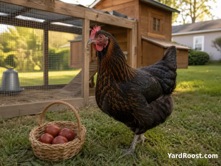 Black Copper Marans hen standing beside a basket of dark reddish-brown eggs.