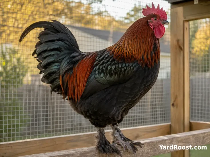 Black Copper Marans rooster showing glossy black and deep copper feathers.