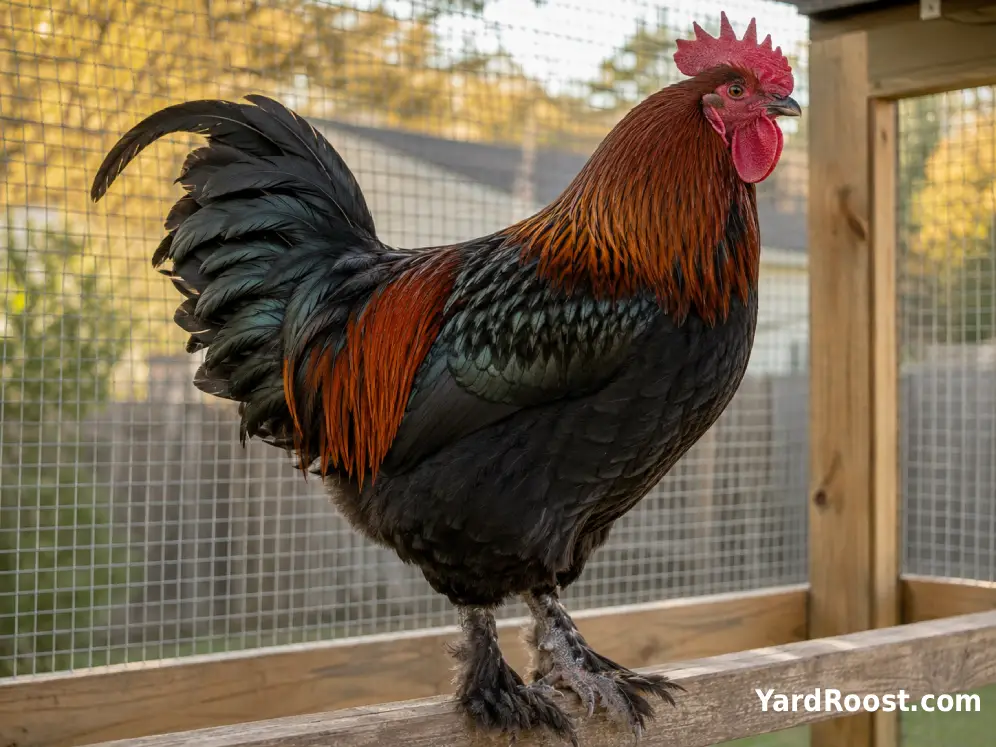 Black Copper Marans rooster showing glossy black and deep copper feathers.