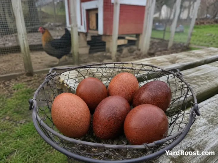 Dark reddish-brown Black Copper Marans eggs with natural color variation.