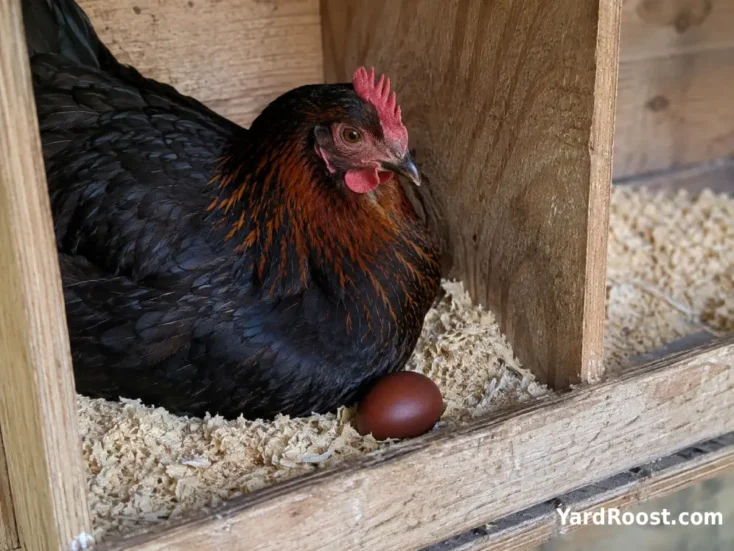 Black Copper Marans hen resting in a clean nest box beside a dark egg.