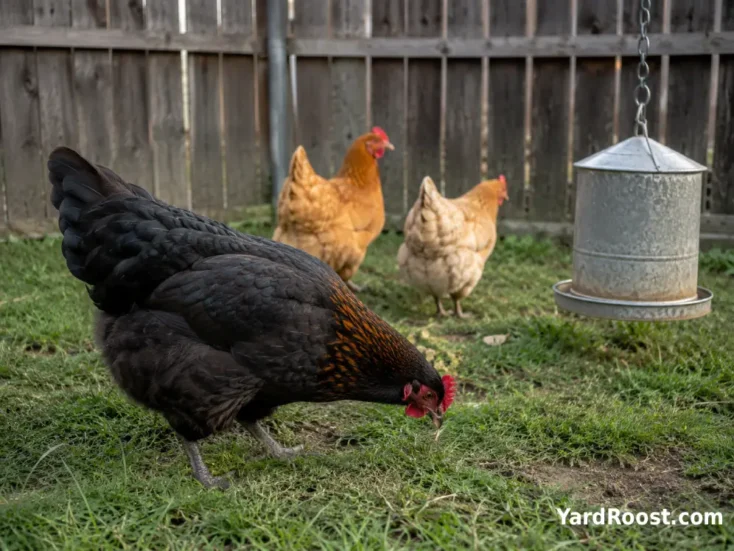 Black Copper Marans hen foraging calmly with two mixed-flock hens.