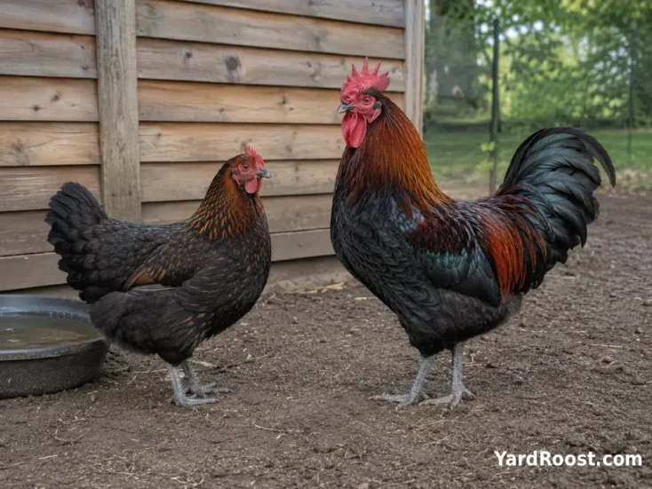 Adult Black Copper Marans hen and rooster shown together for comparison.