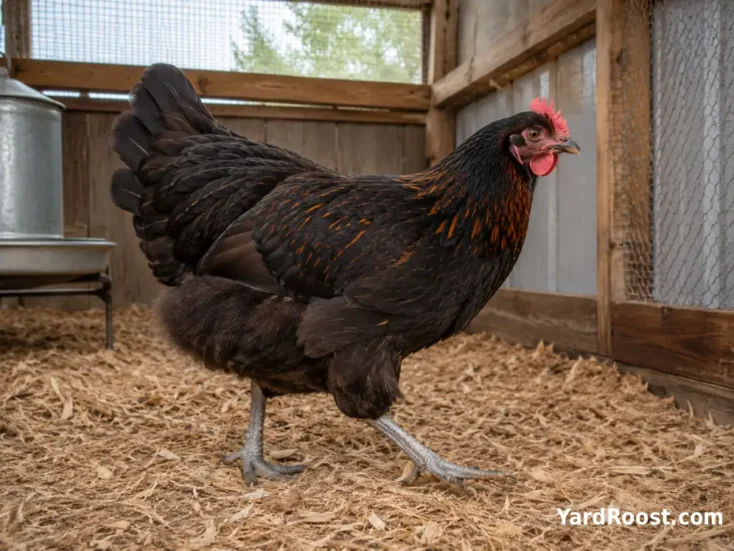Black Copper Marans hen walking on dry bedding in a ventilated covered run.