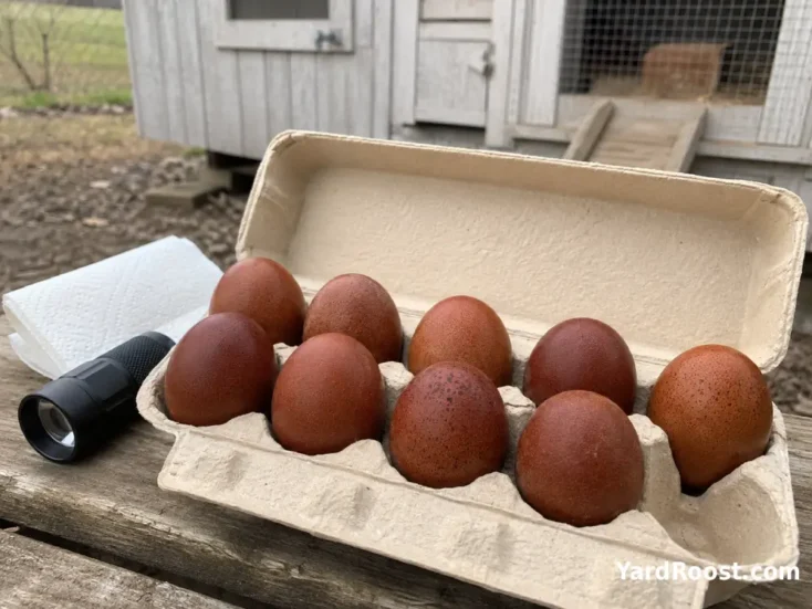 Dark Black Copper Marans hatching eggs resting in a clean cardboard carton.
