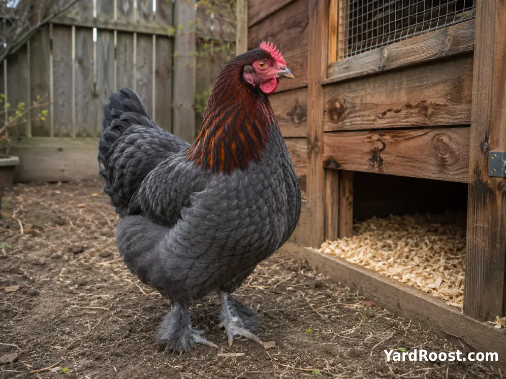 Blue Copper Marans hen with slate-blue feathers and copper neck plumage beside a wooden coop.