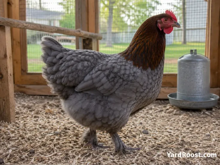 Full-bodied Blue Copper Marans hen standing in profile inside a clean covered chicken run.