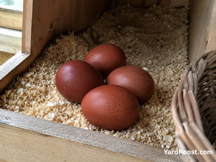 Dark reddish-brown Marans eggs arranged in a small wooden nest box with clean shavings.
