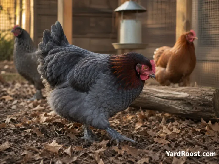 Blue Copper Marans hen calmly foraging beside two similarly sized hens in a backyard run.